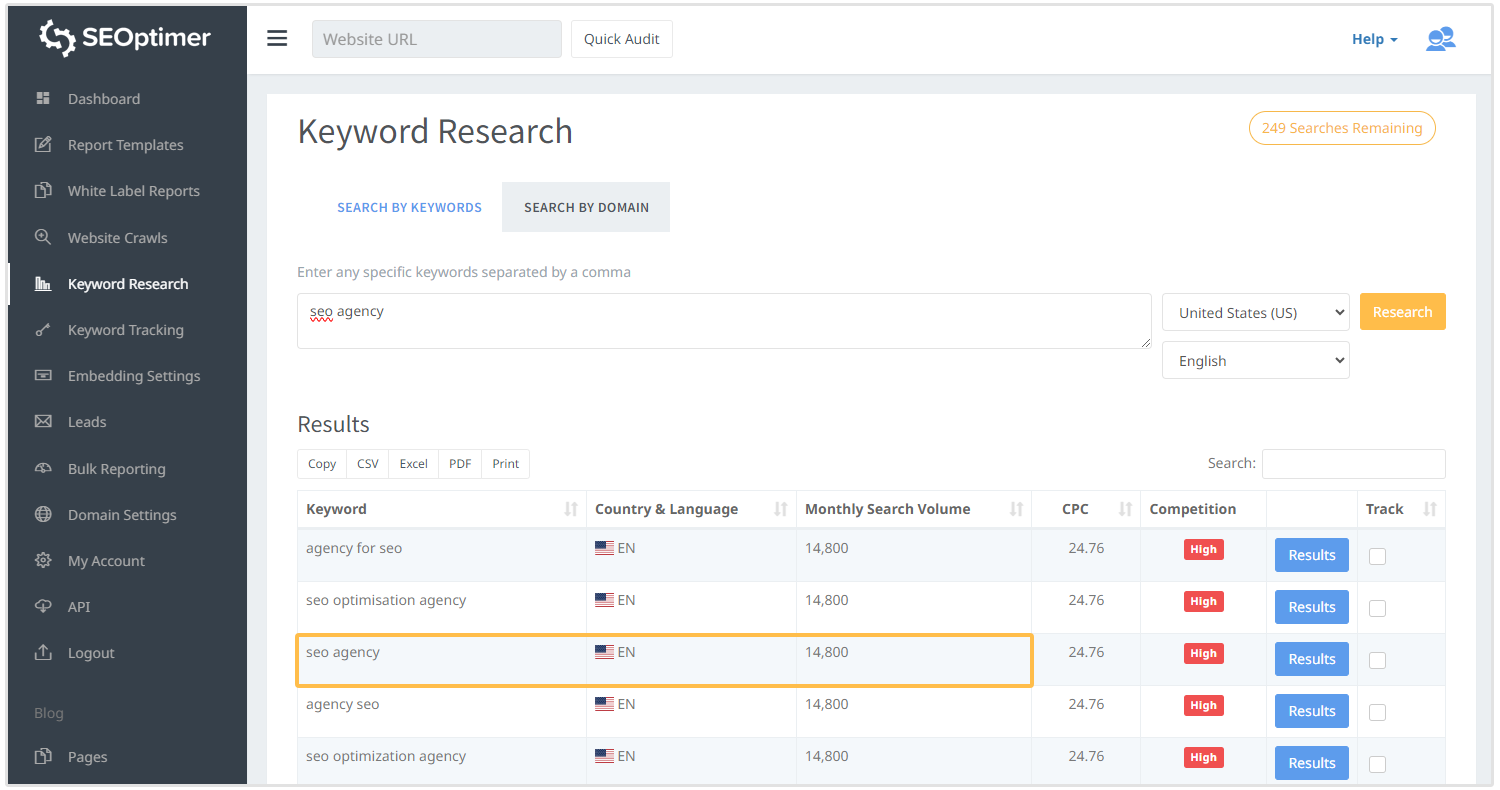 seoptimer keyword research tool